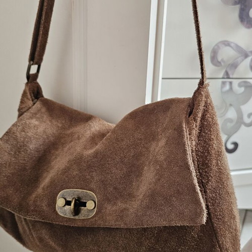 Leather-suede shoulder bag like new, beige and brown