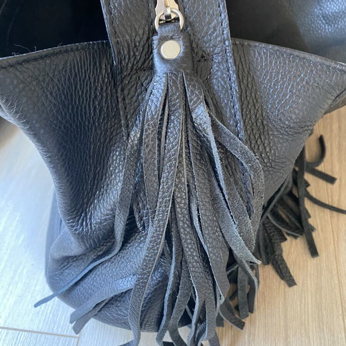 Zini Boutique Black Leather Fringe Tote Bag