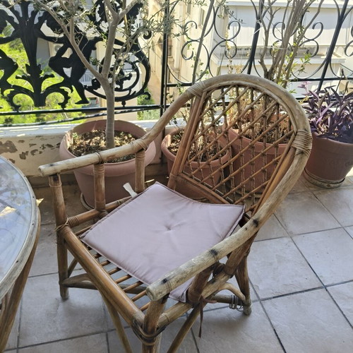 Bamboo balcony coffee lounge set with 2 armchairs and round glass table