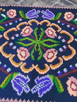 Handmade vintage woven cover with floral embroidery like new