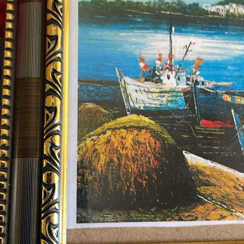 Painting with framed boat image new, 25x20 cm