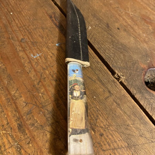 Old Cretan knife with mantinada used, with sheath, 16.5 cm