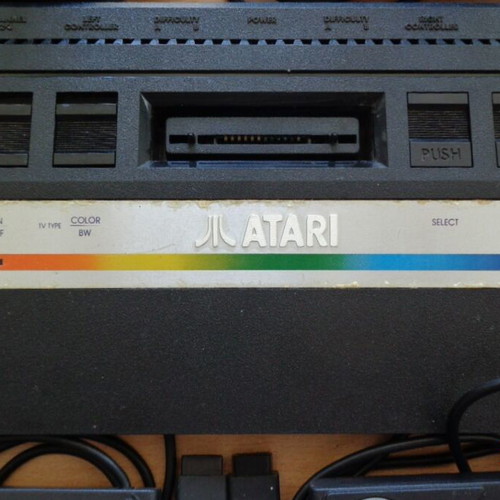 Atari 2600 Jr. console used with 32-in-1 cartridge and controllers