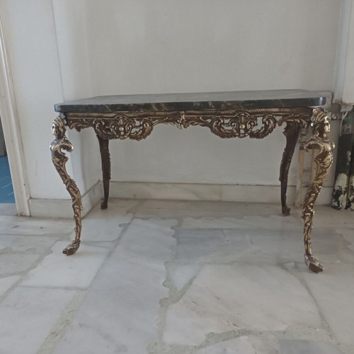 Bronze Table with Marble Top used, Baroque Style with Caryatid Legs