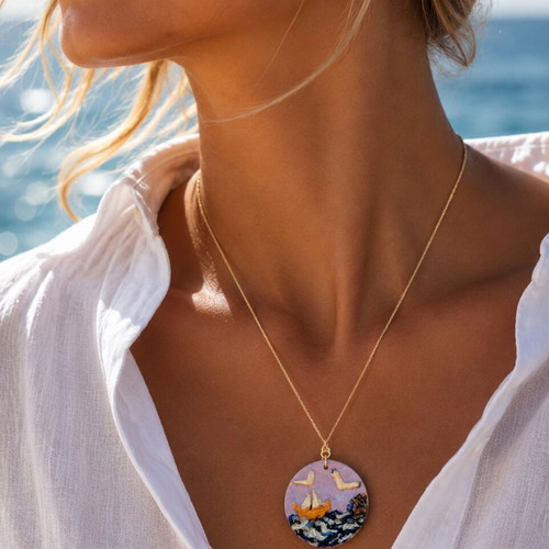Handmade UNIQUE Necklace made of polymer clay with relief, coated with liquid glass. Steel chain