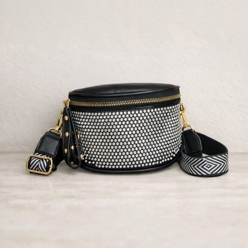 Black crossbody bag with embossed silver rhinestones