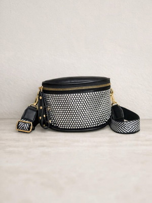 Black crossbody bag with embossed silver rhinestones