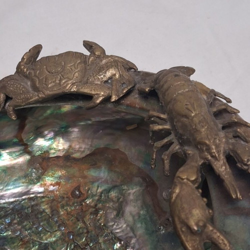 Abalone Shell Bowl with Brass Lobster and Crab, Like New