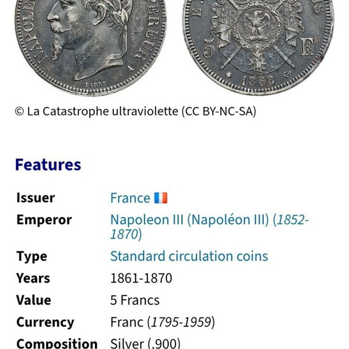 Silver coin 5 francs France 1868 used