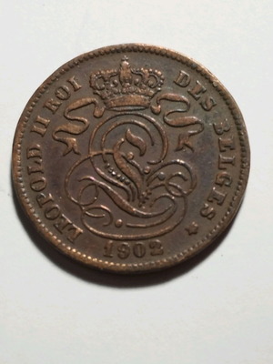 Belgium 2 centimes 1902 coin used, copper with nice patina