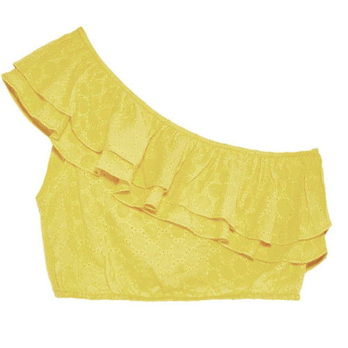 Zara yellow top used with ruffles and asymmetric neckline