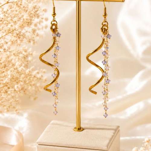 Handmade Golden Wave & Crystals Earrings new, multicolor