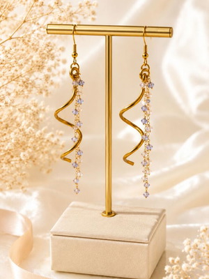 Handmade Golden Wave & Crystals Earrings new, multicolor