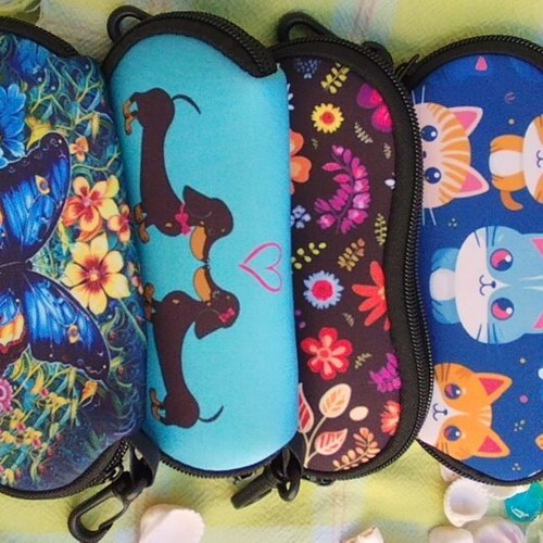 Waterproof glasses case with colorful cat, dog, butterfly, and flower designs