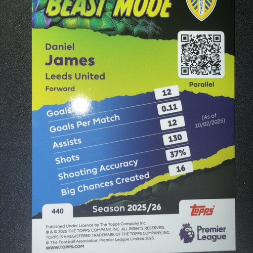 2025-26 Topps Premier League Beast Mode Daniel James Orange Parallel Card #10/25 like new