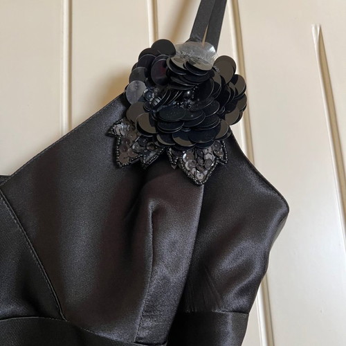 Satin dress asymmetrical used, black with flower detail