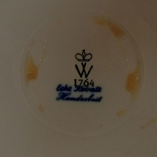 Wallendorf porcelain decorative bowl with blue roses and gold relief