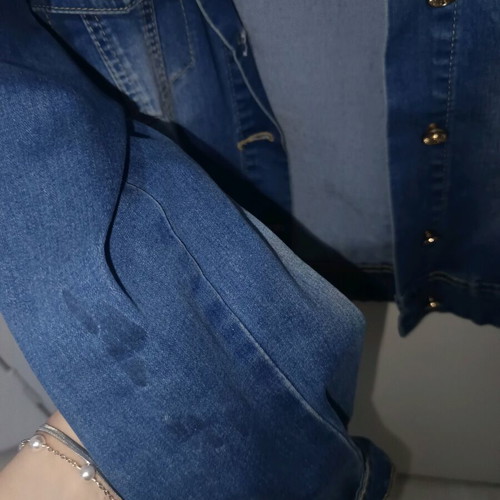 Denim jacket women's used, blue with stain on sleeve