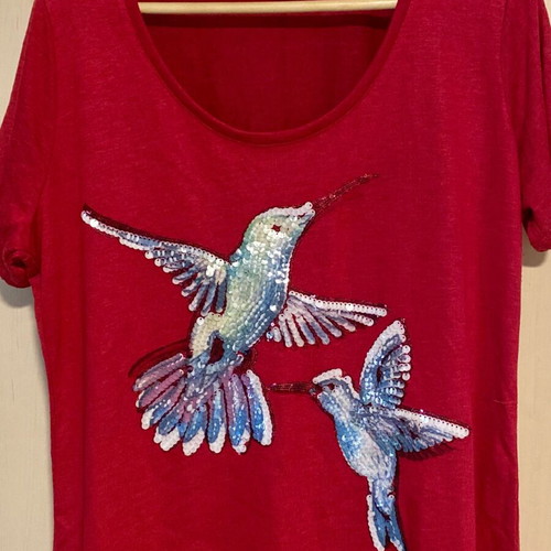 Red sequin embroidered short-sleeve blouse M&S new, size L