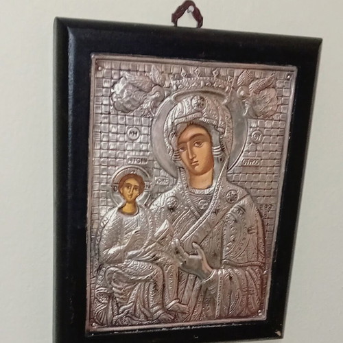 Byzantine icon with 999 silver plating, handmade in Greece, like new