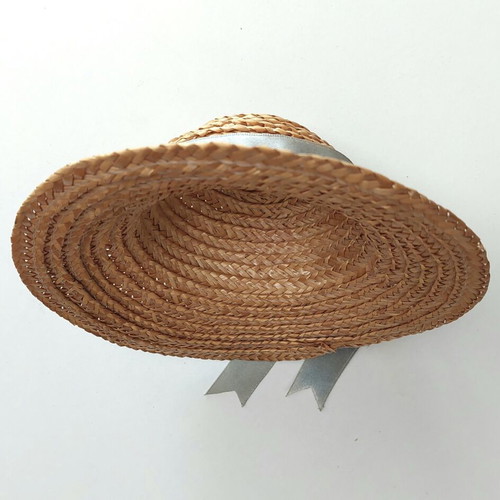 Straw hat for dolls used, miniature with gray satin ribbon