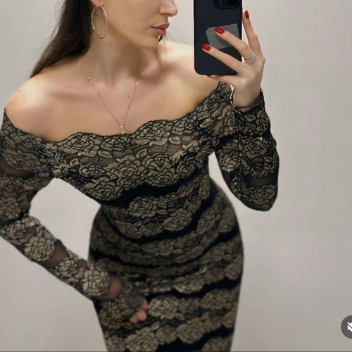 Black-gold lace off-shoulder midi dress, size M