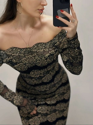 Black-gold lace off-shoulder midi dress, size M