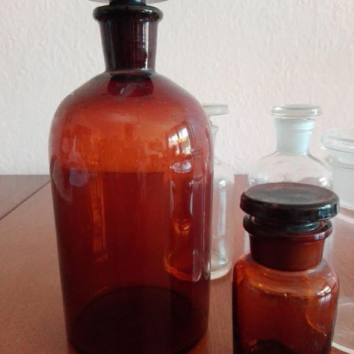 Vintage apothecary bottles set of 5 amber and clear glass