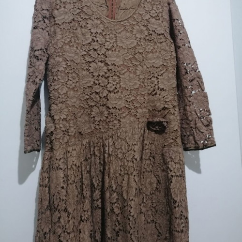 Vintage dress and matching sleeveless jacket handmade, brown lace guipure, size M, used