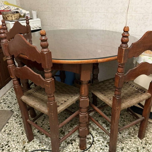 Vintage wooden dining set round table with 4 chairs and glass used