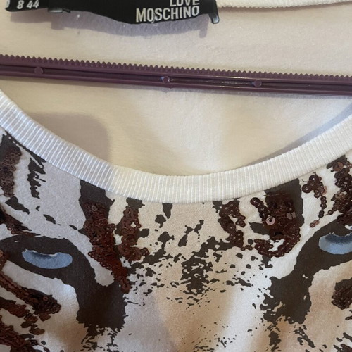 Love Moschino vintage women's T-shirt with tiger print and brown sequins, medium