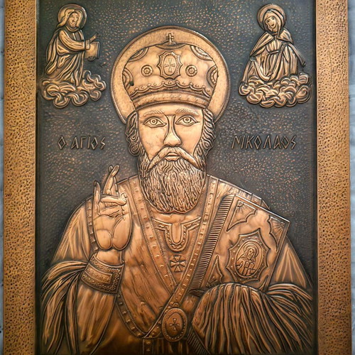 Handmade embossed Saint Nicholas copper icon by S. Fessas 1973