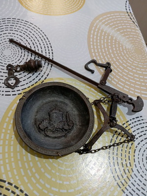 Bronze hanging balance scale used with tray and counterweight