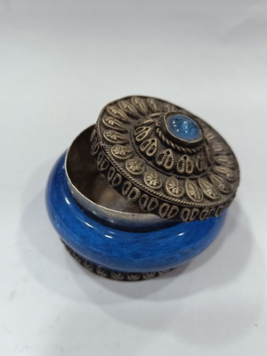 Vintage Handmade Trinket Box with Blue Opaline and Carved Lid like new