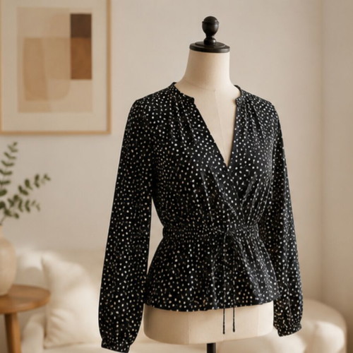 About You black blouse with white dots, size M