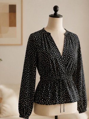 About You black blouse with white dots, size M