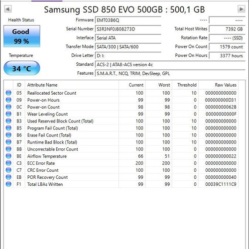 Samsung 850 EVO 500GB SSD internal drive like new