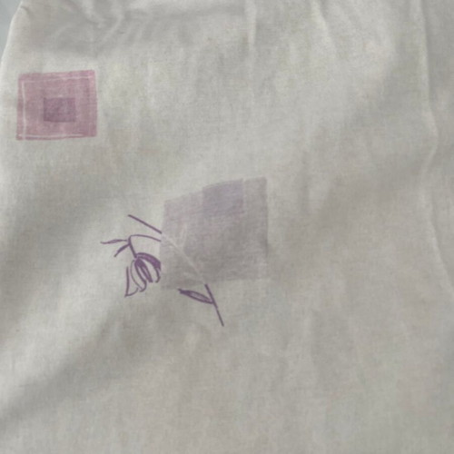 Pair of cream pink and purple curtains, printed design