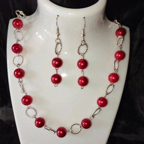 Handmade red beaded necklace and earrings set