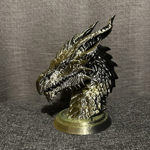 3D printed dragon head, gold-black 14x20x24 cm