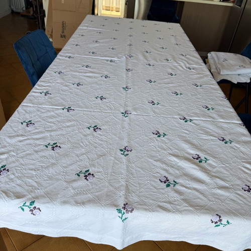 Tablecloth new cotton embroidery with purple flowers for large table 260cm