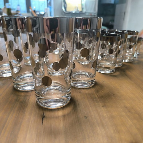 Vintage set of 24 Mid-Century Modern glasses with silver/platinum rim and polka dot design