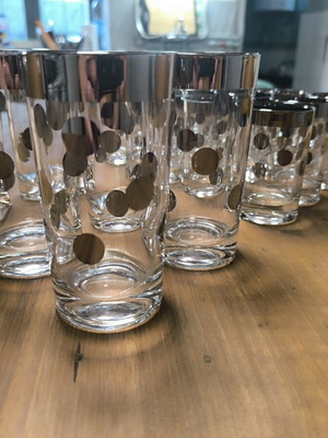 Vintage set of 24 Mid-Century Modern glasses with silver/platinum rim and polka dot design