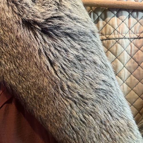 Coat like new chocolate color with fur collar and hood, size 40