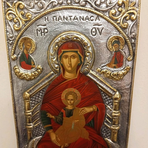 Panagia Pantanassa Enthroned new silk screen with silver 9250 halo