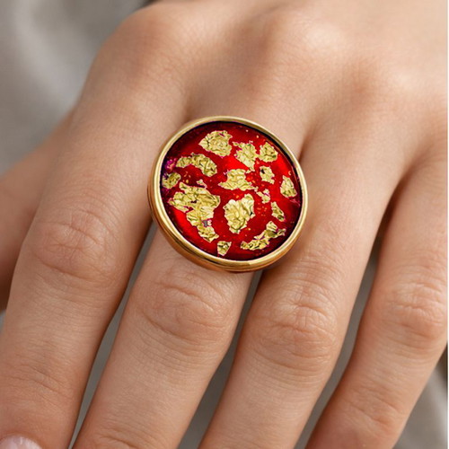 Imperial Red ring with gold flakes, adjustable, new