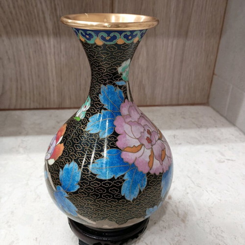 Pair of Vintage Cloisonné Vases Like New with Wooden Bases