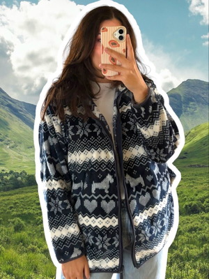 YAMAMAY fleece ζακέτα με σχέδια και φερμουάρ σε σκούρο μπλε και λευκό, M-XL
