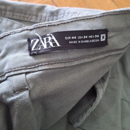 Zara straight-leg pants grey-green with side thigh pockets, size 44