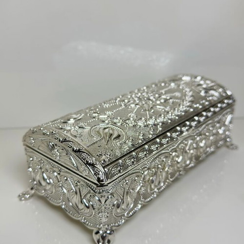 Metallic Ornate Jewelry Box with Oriental Embossed Design and Velvet Lining